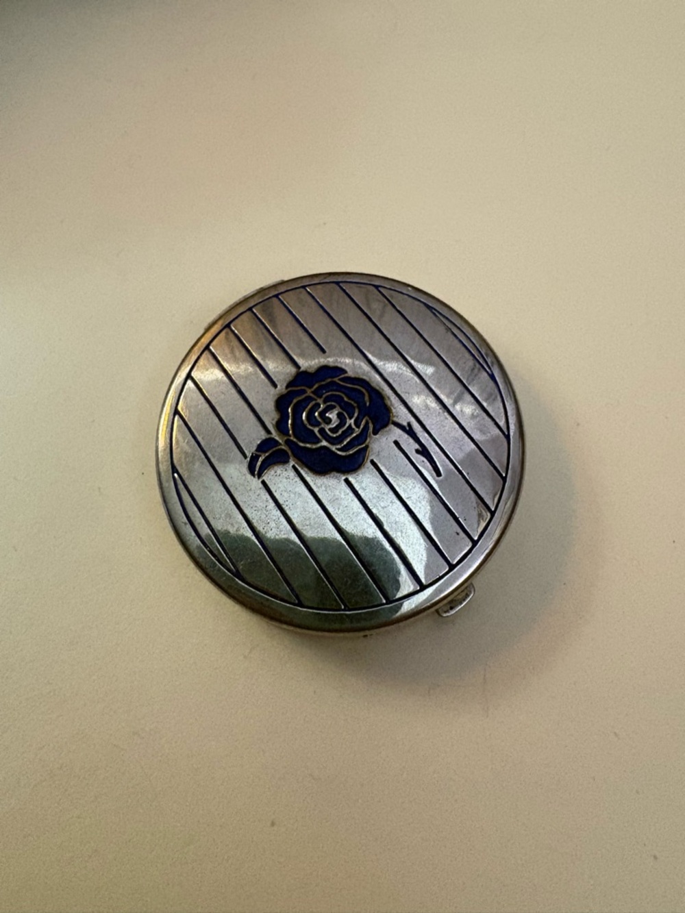 Art deco vintage Silver Compact Mirror with Blue Rose Lanchere antique